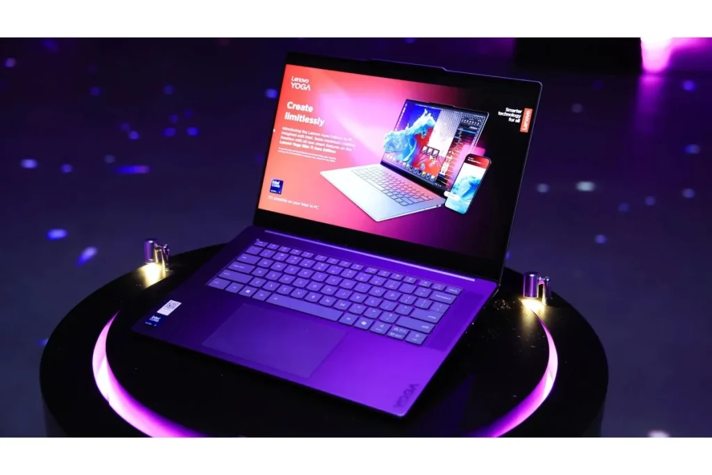 The Lenovo Yoga Slim 7i Aura Edition displayed on a circular stand, featuring an engaging presentation for students looking for the Best Student Laptops.