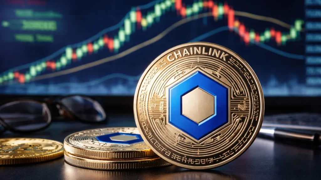 Gold and blue Chainlink coin with a hexagon logo standing on a stack of coins, with a candlestick chart and a pair of glasses blurred in the background.
