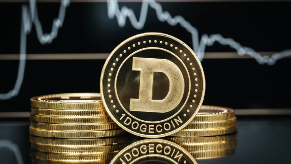 Gold Dogecoin coin with the "D" logo standing in front of a stack of coins, with a white line chart in the background.