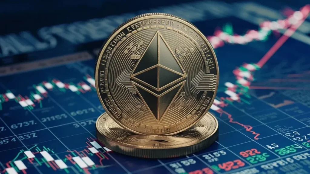 Gold Ethereum coin with the ETH diamond logo standing upright in front of a blurred stock market candlestick chart.