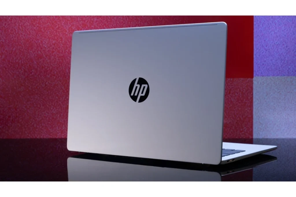 The rear view of a silver HP OmniBook 5 14, highlighting its minimalist design as one of the Best Student Laptops for campus life.