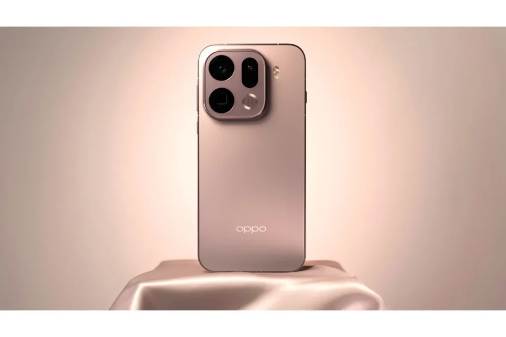 Oppo Find X9 Pro in pink finish showing rear triple-camera module with periscope zoom lens