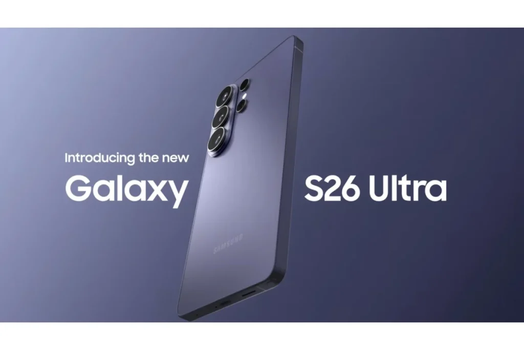 Samsung Galaxy S26 Ultra promotional image showing slim design and quad-camera rear array