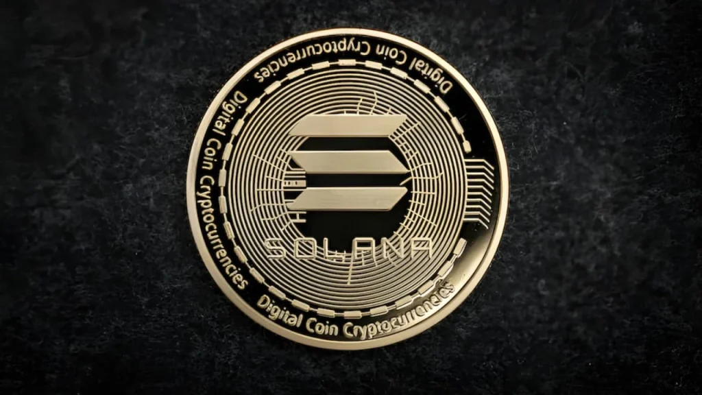 Gold and black Solana coin featuring the three-bar logo and "Digital Coin Cryptocurrencies" text, set against a dark textured background.