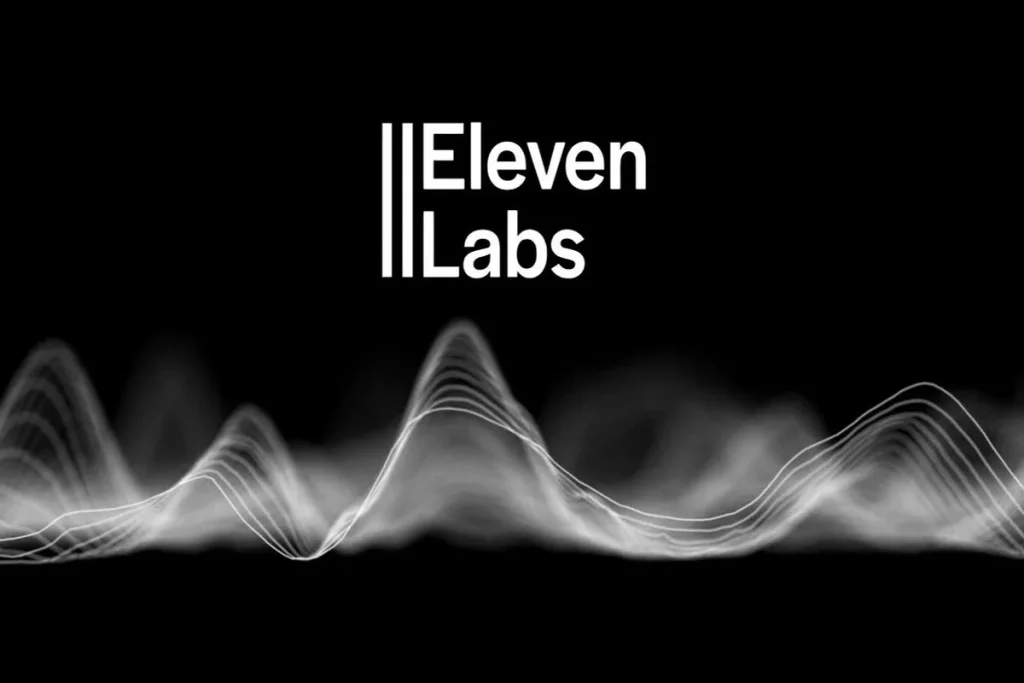 The ElevenLabs text logo positioned above a stylized, abstract rendering of audio waveforms composed of glowing white lines on a black background.