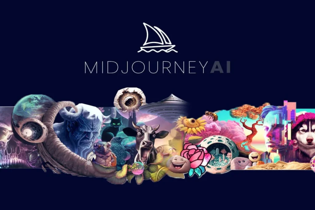 The Midjourney AI sailboat logo and text placed above a vibrant, horizontal collage of diverse and surreal AI-generated imagery on a dark blue background.